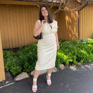 Cream Button Down Midi Faux Leather Dress